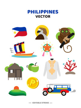 Travel Philippine flat icons set. Filipino element icon map and landmarks symbols and objects and cuisine collection vector Illustration.