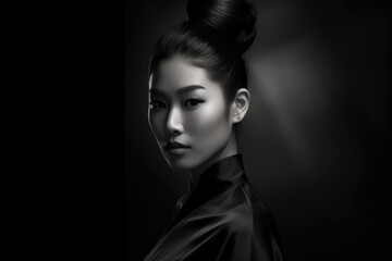 black and white portrait of beautiful asian woman fashion in studio