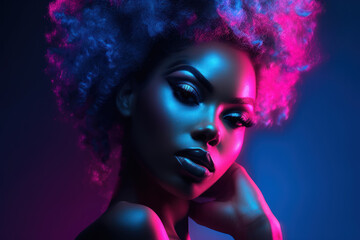 Portrait of Black Woman and Elegant Hairstyle, neon light in Dark Studio, Exuding Glamour and Sensuality
