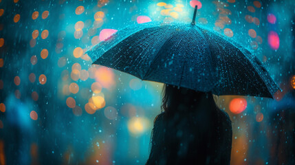 .A surreal image of an artist's umbrella shielding them from cosmic rain.