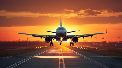 Plane landing in sunrise