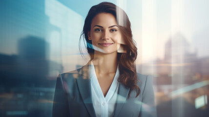 Obraz premium Portrait of confident business woman smiling with city double exposure