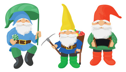Set of cute gnome characters in cartoon style. Vector illustration of a joyful garden gnome with flowers, mining precious stones, a Christmas gnome with an accordion isolated on a white background.