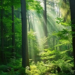 Scenic sun light true green forest trees