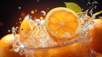 Orange slices in a splash of water, a promotional photo, generative AI