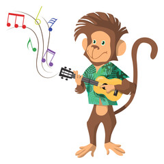 Set of funny musical bands of animals in cartoon style. Vector illustration funny monkey playing musical instruments: guitar isolated on white background.