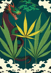 Text Background Set: Marijuana Festival, Golden Green Dragon, Dinosaur, Black Gold Asian Cannabis Leaves, Natural Frame, Legalize Text Insert, Chinese Japanese Engraving