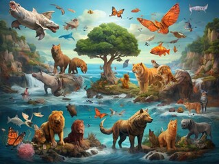 animals and birds with tree