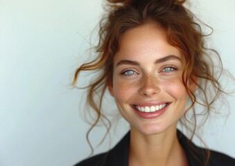 businesswoman, happy smiling female, wearing suit, light clean background