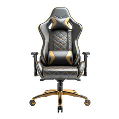 Front view of Strong gray and gold lack and golden gaming chair on a cutout PNG transparent background - obrazy, fototapety, plakaty
