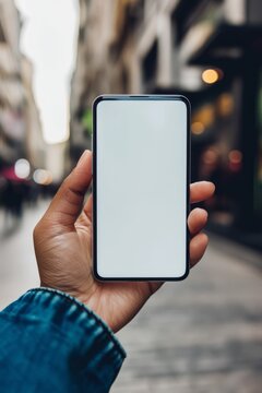 Mockup image of a woman's hand holding a smartphone with a white screen on the street
