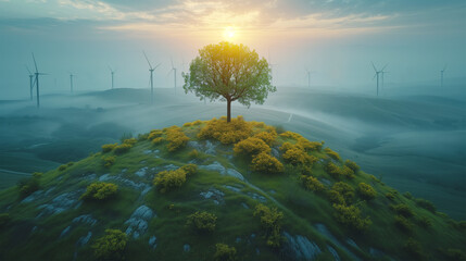 Green Tree on the Hill with Wind Turbine Farm Landscape. Eco Green Renewable Energy Idea.