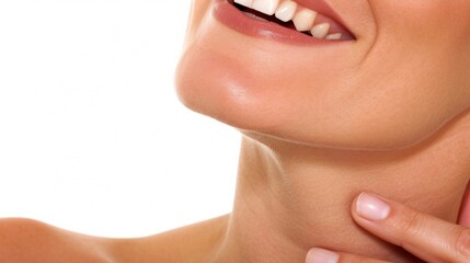 A person with an attractive neck and smooth chin is holding a toothbrush, with the neck zoomed in from lips down.
