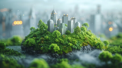 Green Energy City Vision: Urban Buildings Enveloped by Lush Greenery, Trees, Bushes, and Grass. Stop Smog and Clean Air Vision, Renewables, Climat Impact, Net-zero Emissions Background..