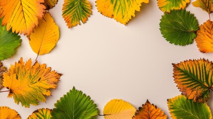 A group of yellow and green leaves creates an autumn background on a white surface, with golden leaves at the frame border.