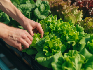 Fototapeta na wymiar Chef's Hands Picking Fresh Lettuce for Salad. Healthy Greens at the Organic Market.