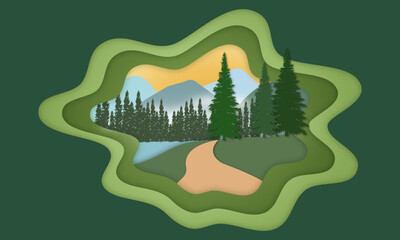 Forest landscape with pine trees and mountains, and a peaceful sky, illustrator paper art or paper cut style.