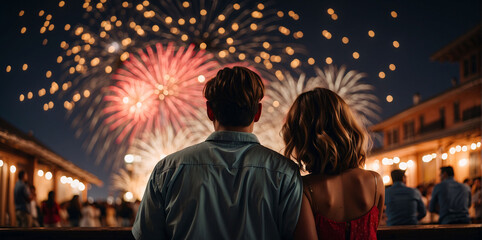 Fototapeta na wymiar happy couple watching and enjoying some fireworks, rear view of couple silhouette 