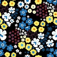 Floral liberty style seamless pattern with yellow, blue, white and magenta flowers against black background