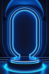 Abstract realistic 3d blue cylinder pedestal podium with Sci-fi dark blue abstract room with semi circle glowing neon lighting scene - Product showing