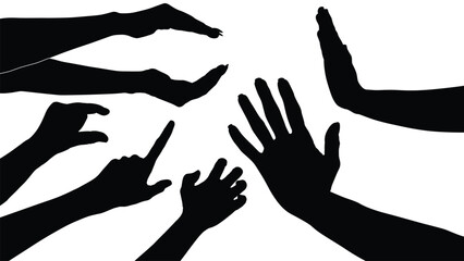 set of hand silhouettes isolated on white, Vector collection of human hands of different gestures, hands gesturing black, Black hands silhouettes, vector illustration