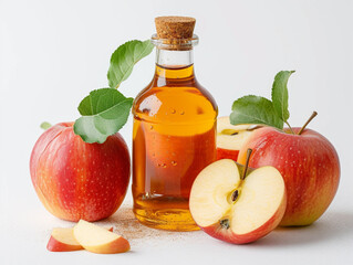 Apple vinegar in the bottle and apple fruits isolated on a white background.. 