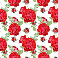 Seamless floral pattern with red roses on a white background