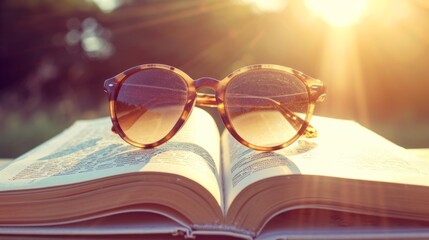 A pair of glasses is sitting on top of an open book, sparkling in the sunlight. - Powered by Adobe