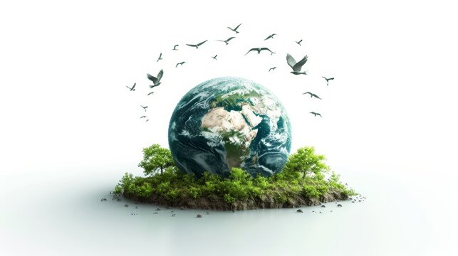 Concept of World Earth Day and Nature Protection. Realistic image of the earth with animals and plants.