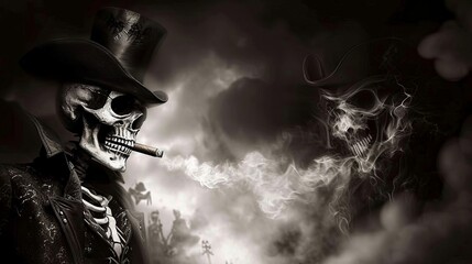 A skeleton in a top hat is smoking a cigar, creating an image of death split in two with smoke. - obrazy, fototapety, plakaty