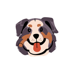 Cute Australian shepherd avatar. Puppy of Sennenhund breed shows tongue. Happy pup of fluffy sheepdog, herding dog portrait. Funny doggy snout. Amusing pet. Flat isolated vector illustration on white