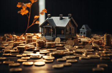 A model of a new home with golden coins around, symbolizing the rise in real estate prices, generative AI