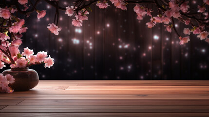 Cherry blossoms and wooden tables for displaying products. Ai generate.