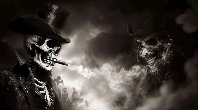 A skeleton in a top hat is smoking a cigar, creating an image of death split in two with smoke.