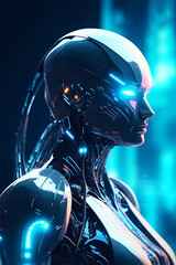 Futuristic AI portrait blending human features with circuitry, highlighting the convergence of technology and humanity. High quality photo