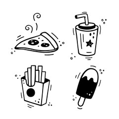 Fast food icons set - Pizza, French fries, paper cup with drink, ice cream. Hand drawn fast food combo. Comic doodle sketch style. Vector illustration