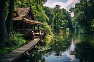 Obraz premium Wooden house by the lake in the countryside. Ai generate.