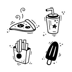 Fast food icons set - Pizza, French fries, paper cup with drink, ice cream. Hand drawn fast food combo. Comic doodle sketch style. Vector illustration