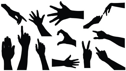 set of hand silhouettes isolated on white, Vector collection of human hands of different gestures, hands gesturing black, Black hands silhouettes, vector illustration - obrazy, fototapety, plakaty