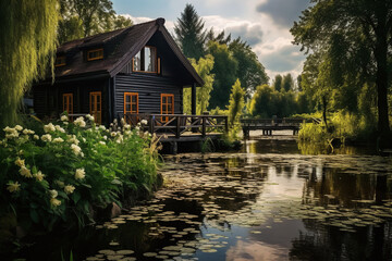 Fototapeta na wymiar Wooden house by the lake in the countryside. Ai generate.