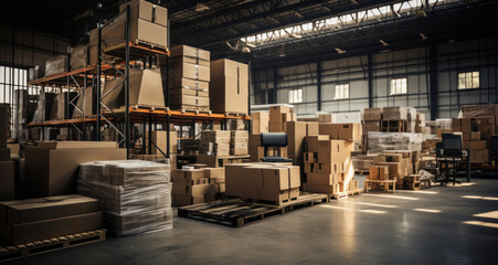 Cardboard boxes await shipment in the warehouse, generative AI