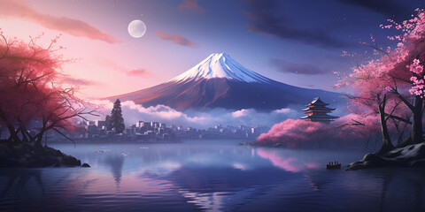 Landscape image of Mount Fuji reflected in the water at night. Ai generate.