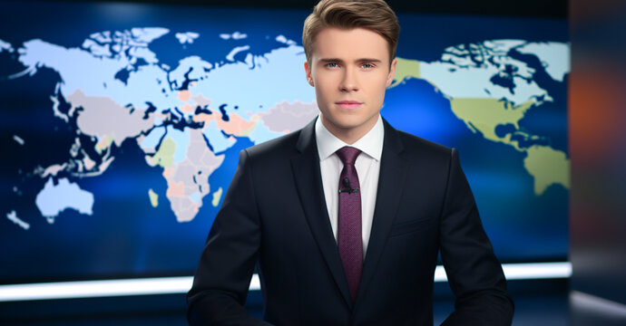 News anchor looking at camera while sitting at workplace near papers on background world map. Live stream broadcast on television. Broadcast network newsroom studio concept.

