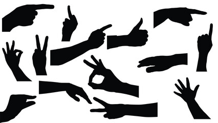 set of hand silhouettes isolated on white, Vector collection of human hands of different gestures, hands gesturing black, Black hands silhouettes, vector illustration