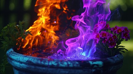 A flower pot is on fire, producing a magic blue fire that swirls in colorful flames of purple and green.