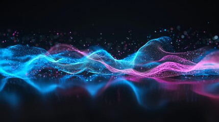 A blue and pink wave on a black background creates a quantum tracing effect with magic particles and swirls. - obrazy, fototapety, plakaty