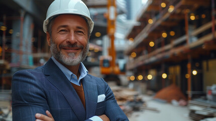 Confident Contractor in Blue Suit at Construction Site