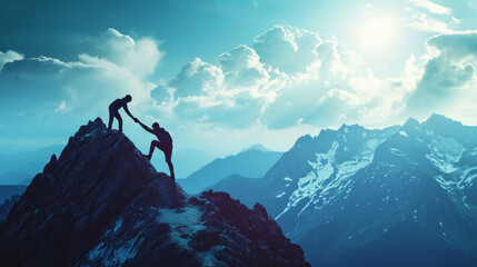 Two people are helping each other on top of a mountain, demonstrating camaraderie and conquering imbalance, like contest winners. - obrazy, fototapety, plakaty