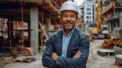 Fototapeta na wymiar Confident Contractor in Blue Suit at Construction Site