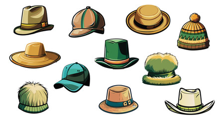 Cartoon hats. Female and male headwear, derby and cowboy, straw hat, cap, panama and cylinder. Summer women vintage fashion hats vector set. Illustration female and male accessories. 